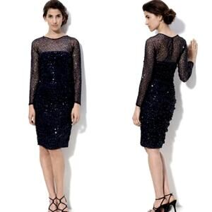 Tadashi Shoji Illusion Bodice Sequin Mesh Sheath Dress XS Black